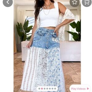 POL Blue Denim and White Lace Maxi Skirt